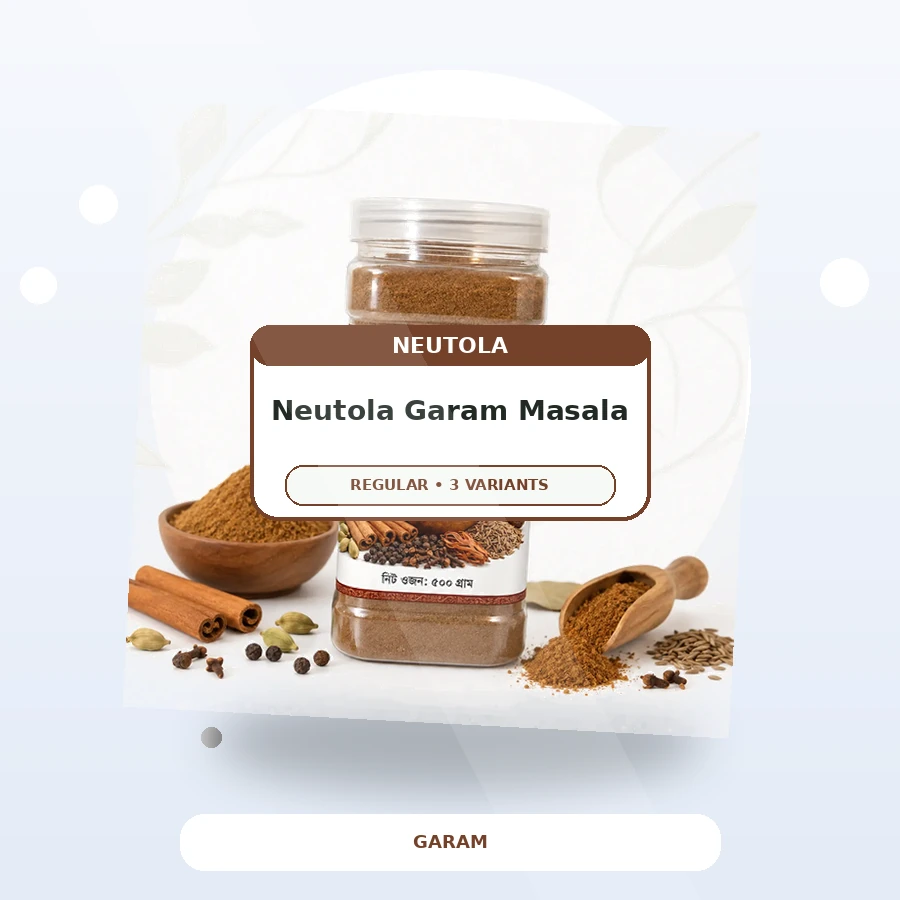 Neutola Garam Masala 500g clear jar with whole spices scattered around